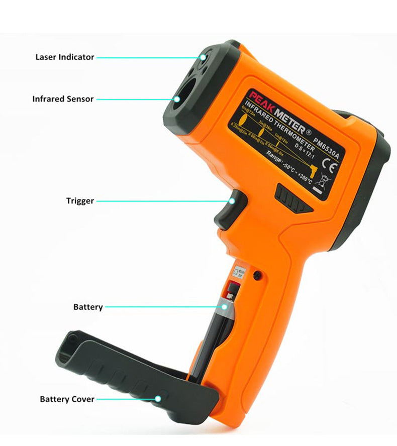PeakMeter PM6530B Laser LCD Digital IR Infrared Thermometer Temperature Meter Gun Point -50~550 Degree Non-Contact