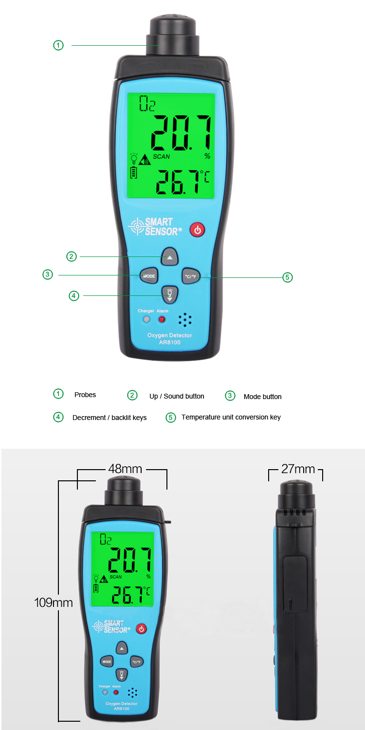 Smart Sensor AR8100 Handheld Precision Oxygen Detectors O2 Meter Tester  