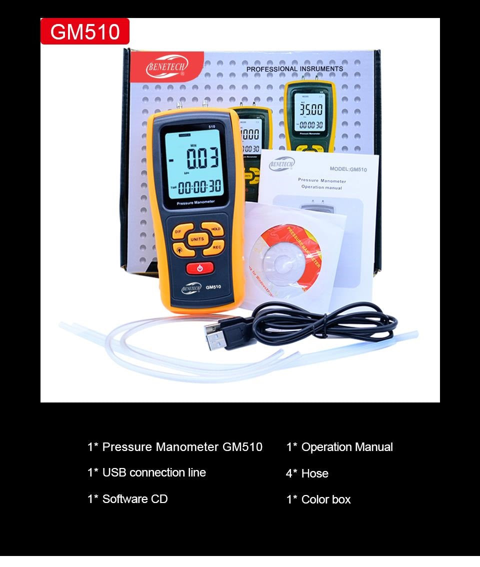 GM510 Portable Digital LCD Display Pressure Manometer 50KPa Pressure differential Manometer Pressure Gauge