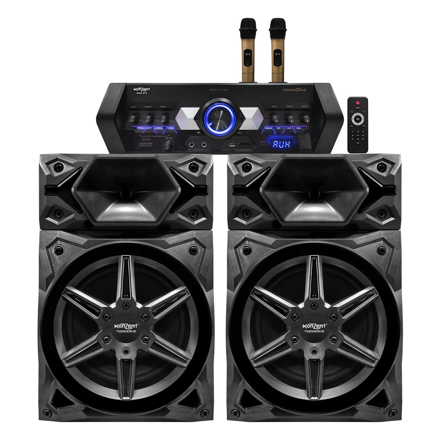 Konzert TodoOke KCS-412 6000W 12" 2-Way Woofer Mini Component Karaoke Speaker System (SET) with 2 Channel Output, Bluetooth, 2 UHF Wireless Mic / USB / SD Card Slot and FM Radio Tuner with RCA and 4 Mic Input and Remote Control