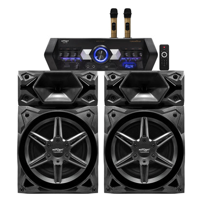 Konzert TodoOke KCS-412 6000W 12" 2-Way Woofer Mini Component Karaoke Speaker System (SET) with 2 Channel Output, Bluetooth, 2 UHF Wireless Mic / USB / SD Card Slot and FM Radio Tuner with RCA and 4 Mic Input and Remote Control