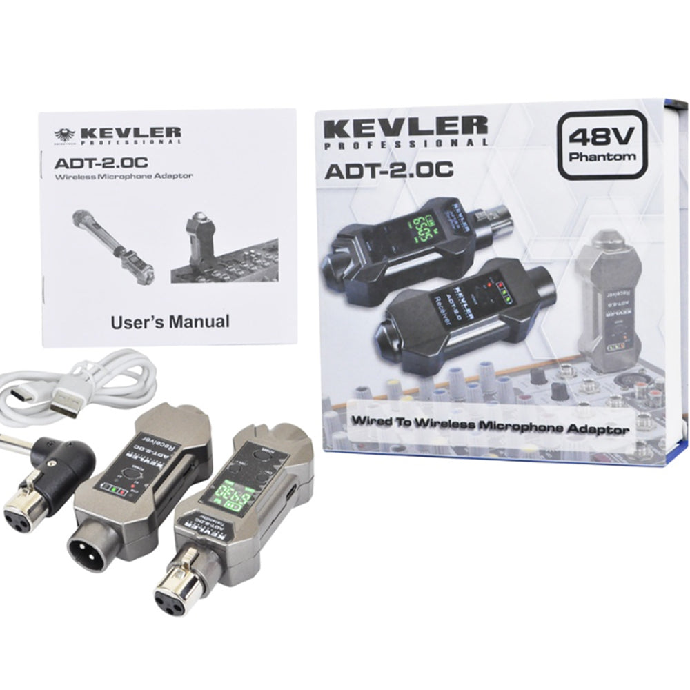 KEVLER ADT-2.0C Portable Wireless Rechargeable Microphone Adaptor with Transmitter & Receiver, 800mAh Battery, 48V Phantom Power, 80m Max Range and XLR / 6.35mm Mic Input