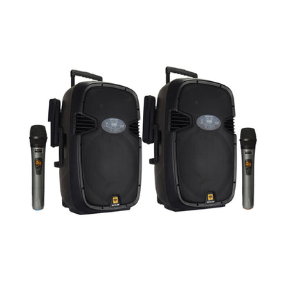 KEVLER EON-15HP 15" 450W 2-Way Full Range Active Loud Speaker with LCD Display and Class D Amplifier, USB Port/Bluetooth/FM Function, Mic Line, RCA and XLR I/O and 2 Wireless Microphones with Rechargeable Battery
