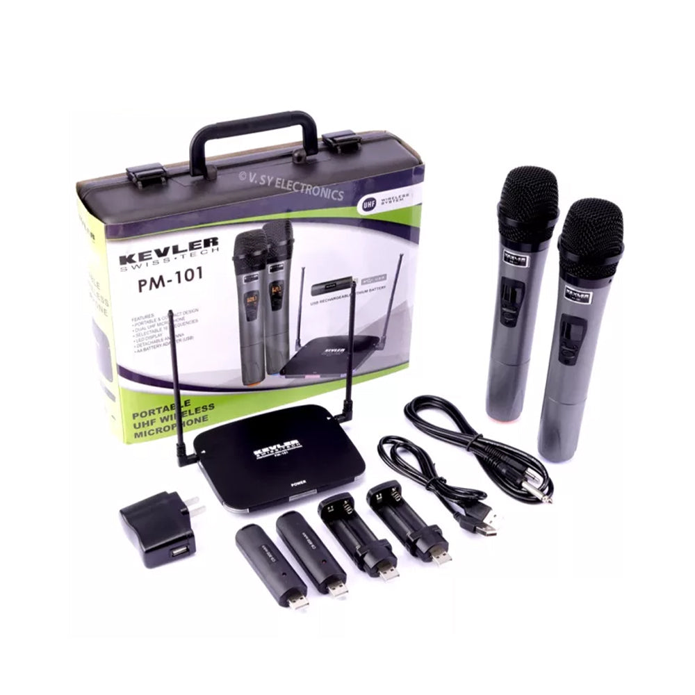 KEVLER PM-101 Dual Portable UHF Wireless Microphone with Detachable Antenna, LCD Display, 16 Selectable Frequencies and Button Control