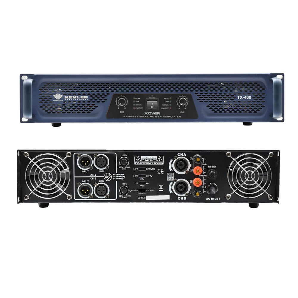 KEVLER TX Series 200W / 400W / 600W X'Over Professional Class AB/H 2-Channel Power Amplifier with Crossover Functions, Adjustable Frequency, Lowpass & Highpass Filter Switch