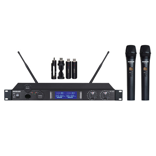 KEVLER UM-200S Dual UHF Wireless Handheld USB Rechargeable Microphone with Dual Antenna Receiving System, 2 Charging Ports, Digital LCD Display, Mountable 1U Rack, 32 Selectable Frequencies and AA Battery Holder