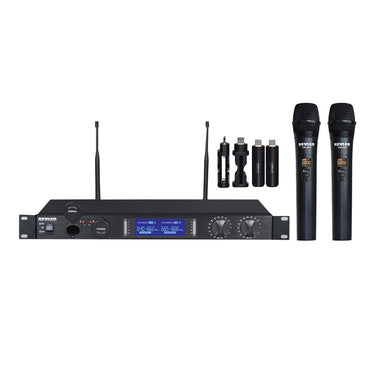 KEVLER UM-200S Dual UHF Wireless Handheld USB Rechargeable Microphone with Dual Antenna Receiving System, 2 Charging Ports, Digital LCD Display, Mountable 1U Rack, 32 Selectable Frequencies and AA Battery Holder