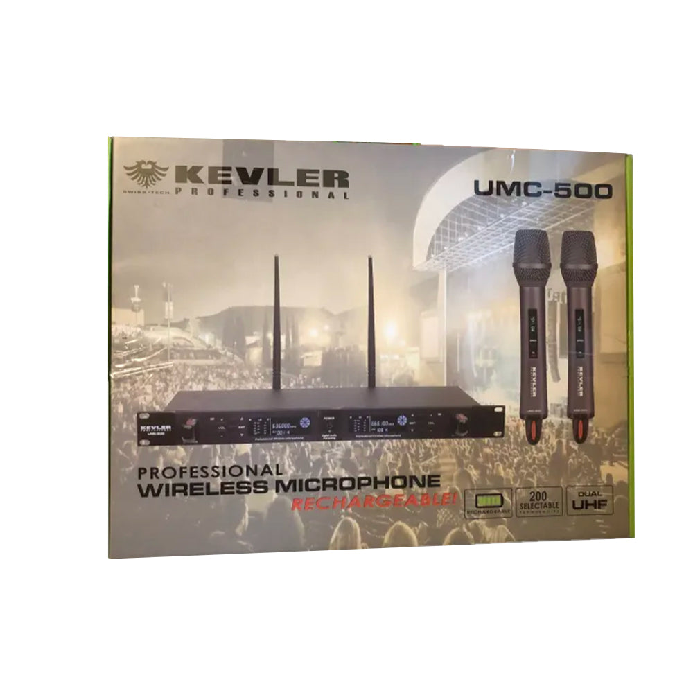 KEVLER UMC-500 Dual UHF 1100mAh Wireless Rechargeable Microphone with Dual Antenna Receiving System, Digital LCD Display, Mountable 1U Rack, 200 Selectable Frequencies Auto Frequency Search Function