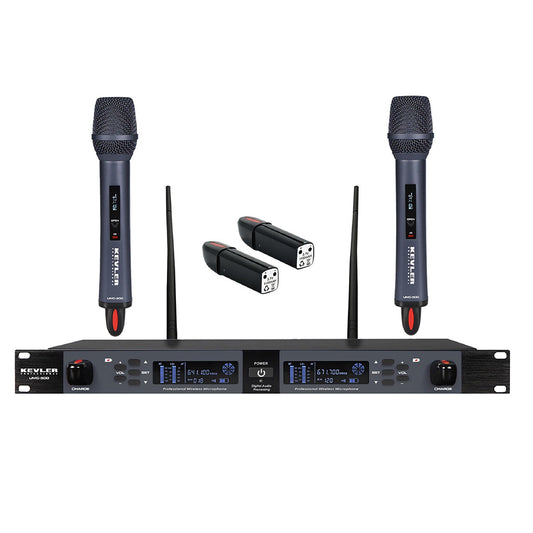 KEVLER UMC-500 Dual UHF 1100mAh Wireless Rechargeable Microphone with Dual Antenna Receiving System, Digital LCD Display, Mountable 1U Rack, 200 Selectable Frequencies Auto Frequency Search Function