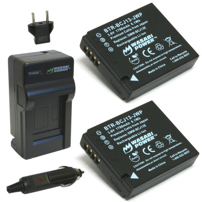 Wasabi Power DMW-BCJ13 BCJ13 (2 Pack) 3.6V 1700mAh Battery and Charger Kit with Power Indicator, Built-In Fold Out US Plug, Car Charger and Euro Plug Adapter for Panasonic Lumix DMC-LX5 DMC LX7 Digital Camera