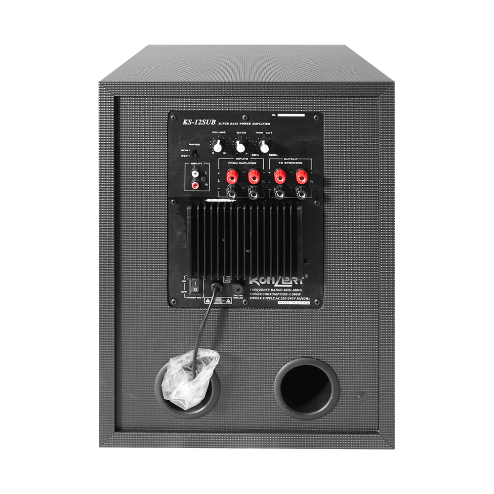 Konzert KS-12SUB 12" 300W Deep Bass Power Amplifier Subwoofer with Dual Port Bass Reflex Enclosure, Left and Right Speaker Output