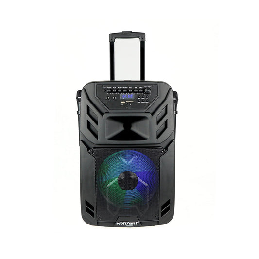 Konzert PA-12 12" 400W Portable Party Trolley Speaker with Bluetooth, NFC, USB/ SD Slot, FM Radio, LED Light, 2 Wireless Mic with Voice Priority and Rechargeable Battery