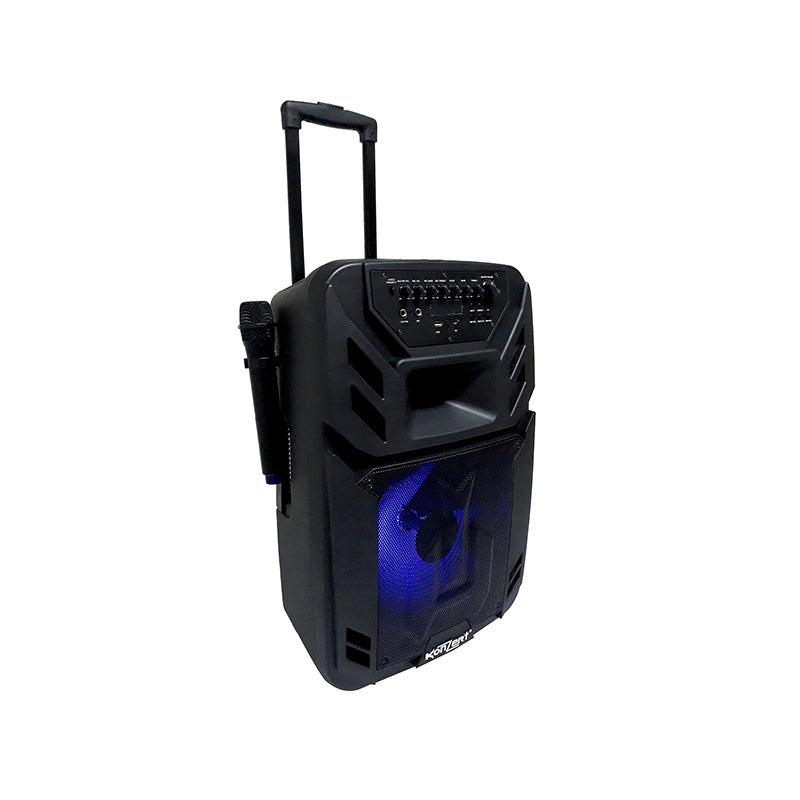 Konzert PA-12 12" 400W Portable Party Trolley Speaker with Bluetooth, NFC, USB/ SD Slot, FM Radio, LED Light, 2 Wireless Mic with Voice Priority and Rechargeable Battery