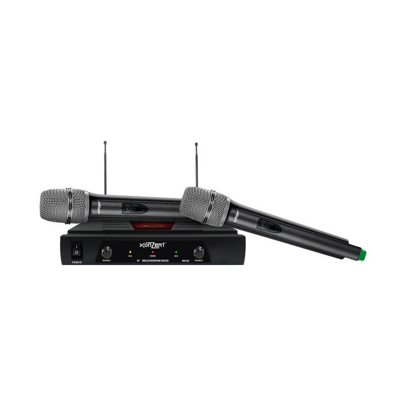 Konzert WM-22V Dual VHF Handheld Wireless Microphone with Dynamic Capsule, 2-Channel Antenna Receiver, 6.3mm Mono Jack Lead, Max 50m Transmission Range, Power LED Light Indicator with Fixed Frequency and 4x AA Battery