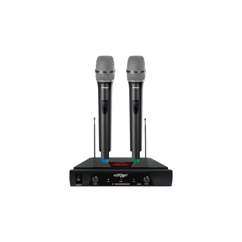 Konzert WM-22V Dual VHF Handheld Wireless Microphone with Dynamic Capsule, 2-Channel Antenna Receiver, 6.3mm Mono Jack Lead, Max 50m Transmission Range, Power LED Light Indicator with Fixed Frequency and 4x AA Battery