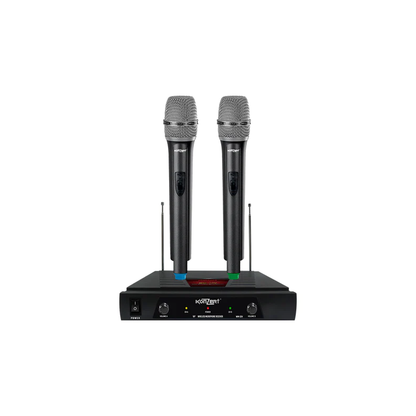 Konzert WM-22V Dual VHF Handheld Wireless Microphone with Dynamic Capsule, 2-Channel Antenna Receiver, 6.3mm Mono Jack Lead, Max 50m Transmission Range, Power LED Light Indicator with Fixed Frequency and 4x AA Battery