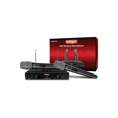 Konzert WM-22V Dual VHF Handheld Wireless Microphone with Dynamic Capsule, 2-Channel Antenna Receiver, 6.3mm Mono Jack Lead, Max 50m Transmission Range, Power LED Light Indicator with Fixed Frequency and 4x AA Battery