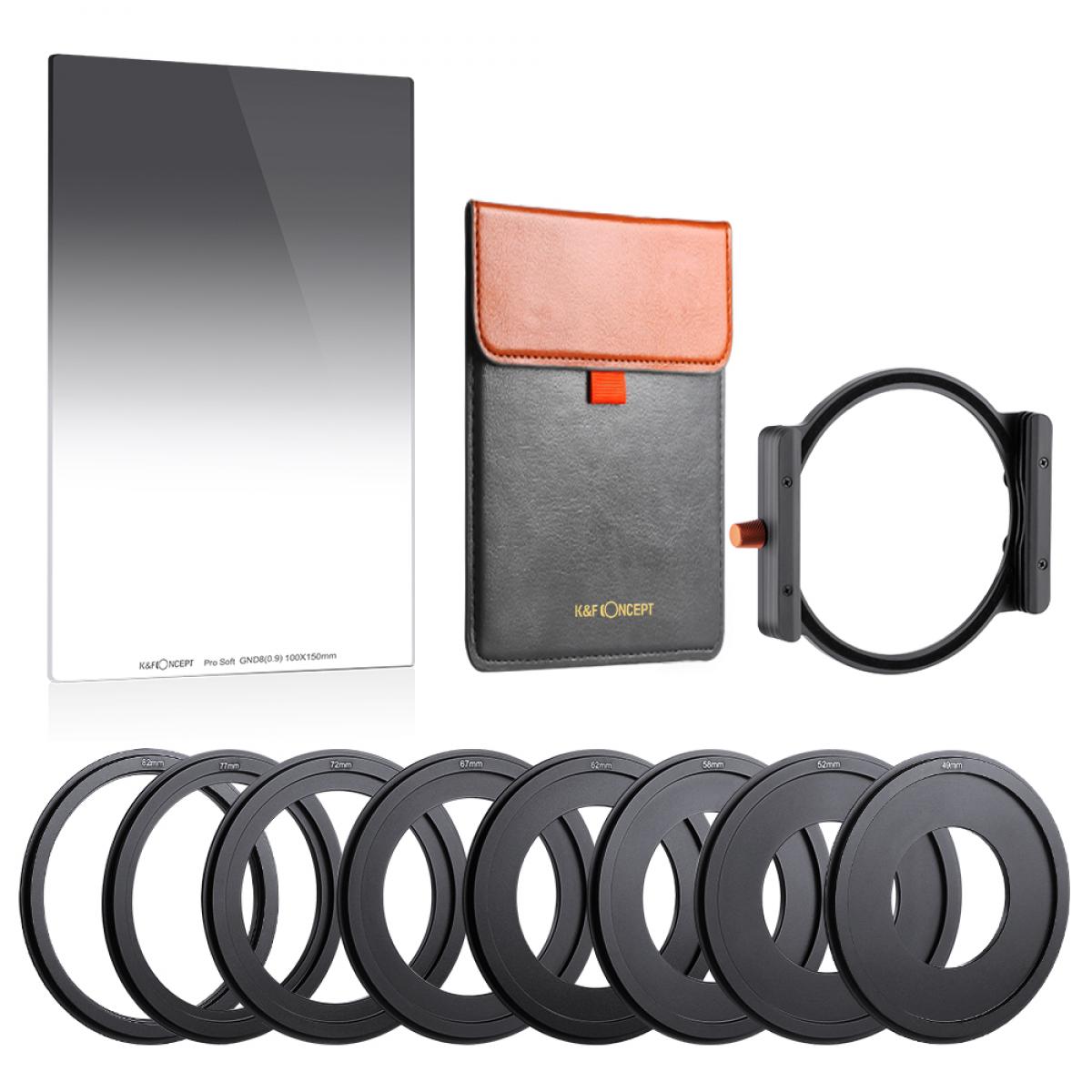 [CLEARANCE] K&F Concept GND8(0.9) + 100mm Square Filter and Holder System with 100 x 150mm Square Soft Graduated ND Filter and 8 Piece Adapter Rings for Scenic and Landscape Photography | SKU-1814