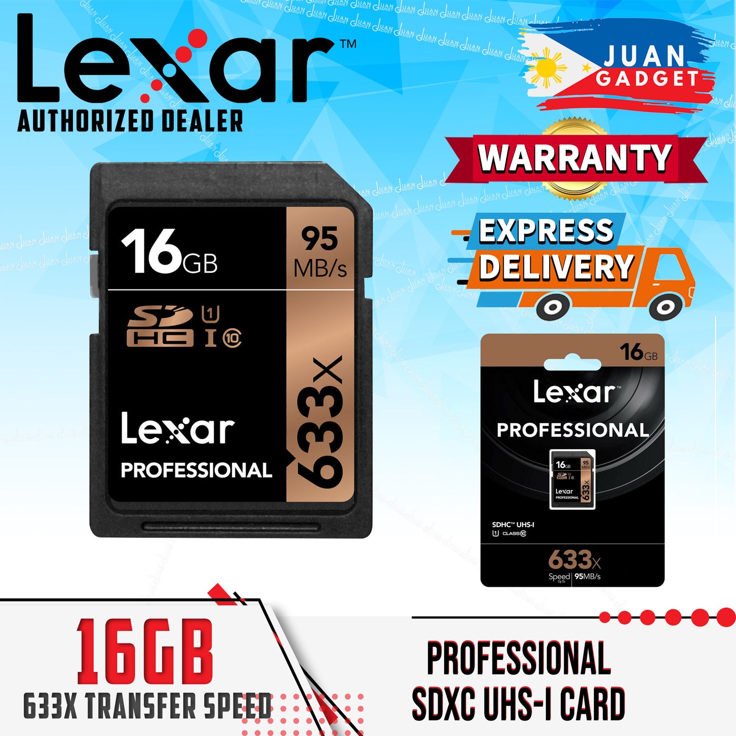 Lexar Professional 16GB 633X 95 Mb/s SDHC Class 10 UHS-I U1 Memory Card - (LSD16GCB1EU633)