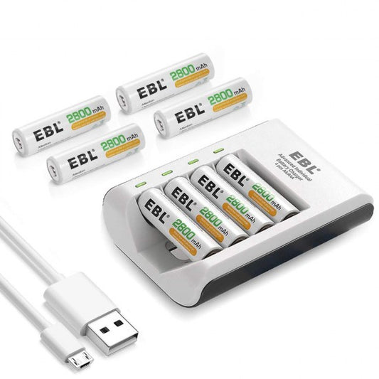 EBL 807 4-Bay AA and AAA Battery Charger with Built-In LED Charge Status Indicator Lights and 4pcs 1.2V AA 2800mAh Rechargeable NiMH Batteries for Portable and Emergency Electronics