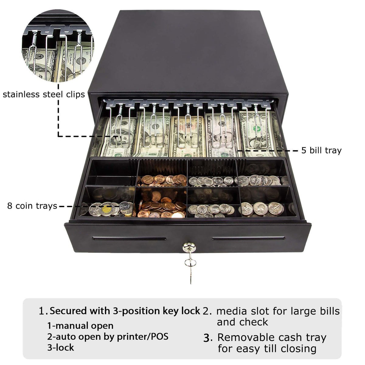LogicOwl OJ-425 Heavy Duty Metal Cash Register Drawer Box XL with 5 Bills 8 Coins Trays, 2 Keys, RJ11 Interface Automatic Open for Grocery Store Shop Cashier Safety Money Cabinet