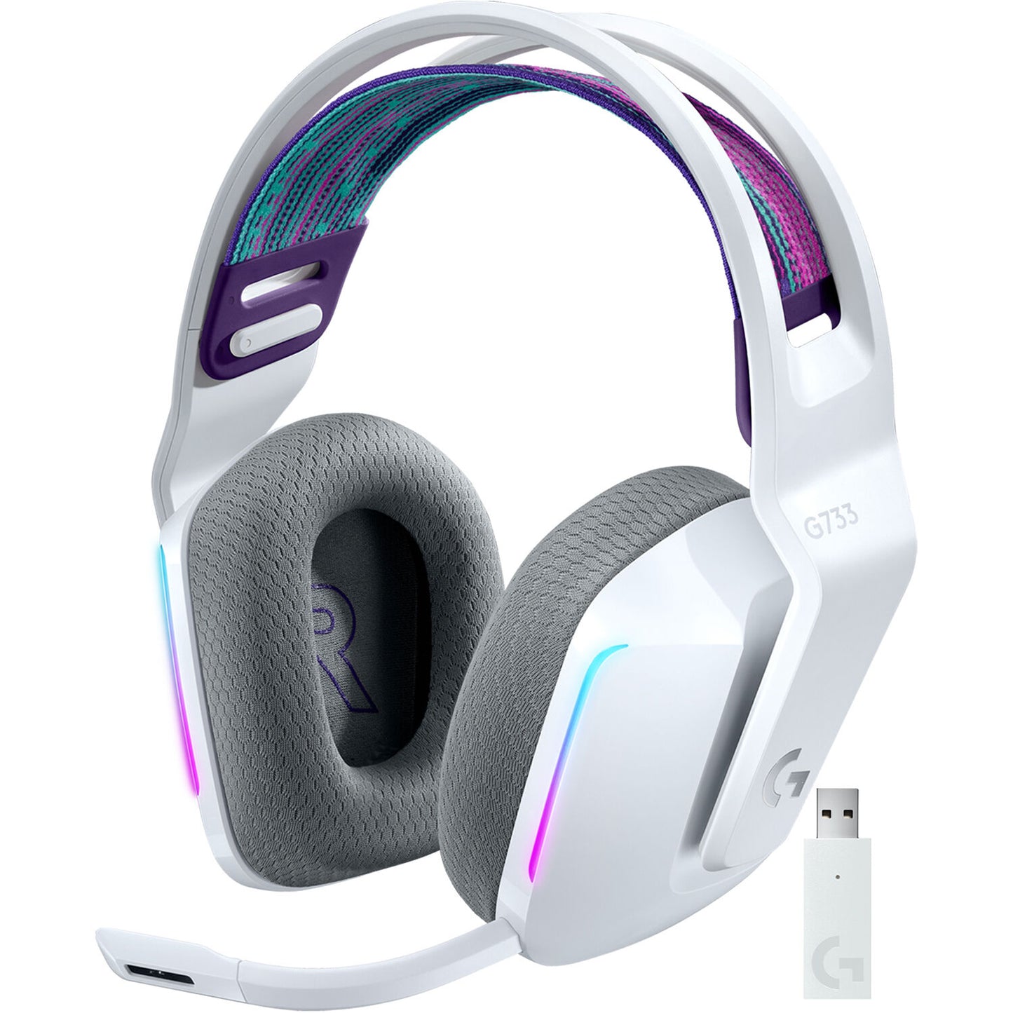 Logitech G733 Lightspeed Wireless Gaming Headset RGB Headphones with Adjustable Mic, 20 meter Range, 29 hour Battery Life, Memory Foam Pads (White, Black, Lilac))