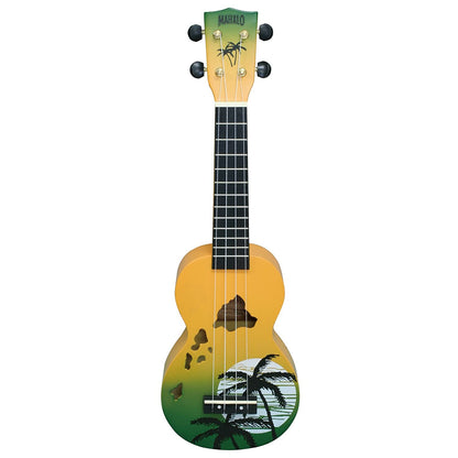 Mahalo Hawaii Series Soprano Acoustic Ukulele 4 String Guitar with 12 Frets, NuBone XB Bridge Saddles Cute Tropical Beach (Green, Orange)