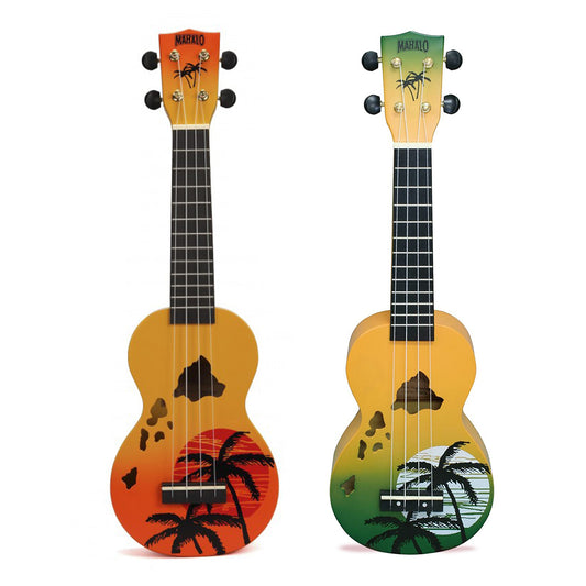 Mahalo Hawaii Series Soprano Acoustic Ukulele 4 String Guitar with 12 Frets, NuBone XB Bridge Saddles Cute Tropical Beach (Green, Orange)