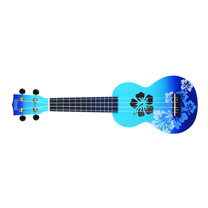 Mahalo Hawaii Hibiscus Flower Series Soprano Acoustic Ukulele 4 String Guitar Gold-Plated with 12 Frets, NuBone XB (Blue, Purple, Red) | MD1HBBUB/PPB/RDB