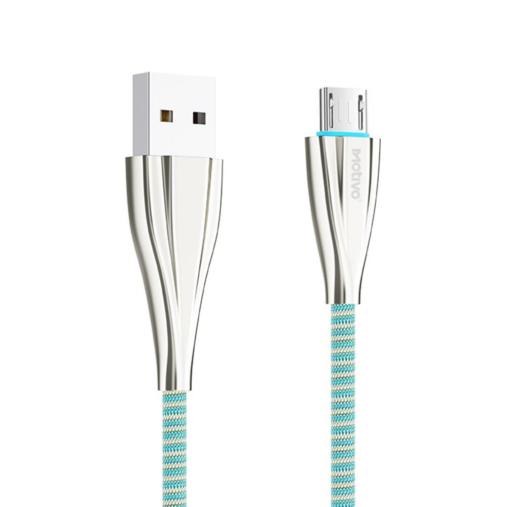 Motivo H24 USB-A 2.0 Male to Micro USB Male 1.2M 2.4A Fast Charging Data Cord Cable with Braided Wire, 480Mbps Transfer Speed & LED Light Indicator for Smartphones 1.2-Meters (Blue, Pink)