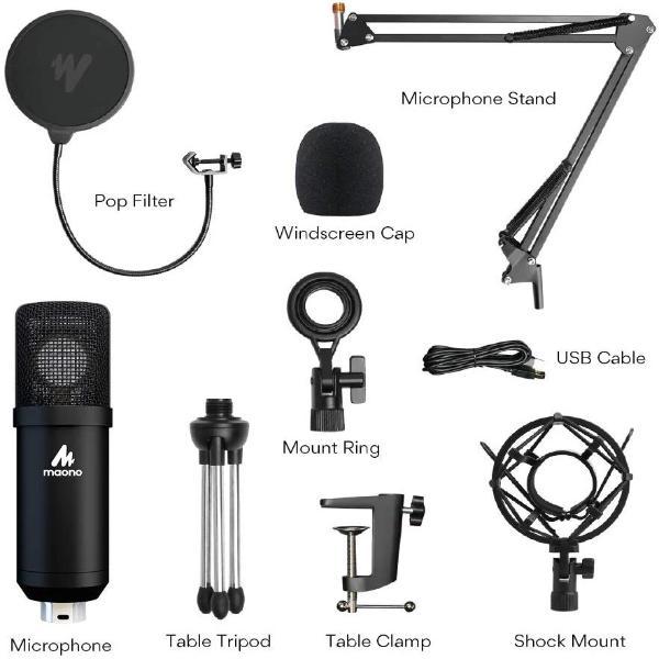 MAONO AU-A425 PLUS A425 PLUS Plug and Play USB Large Diaphragm Condenser Microphone Kit with Boom Arm Stand and Table Tripod for Video, Voice, Gaming, Podcasting and Recording