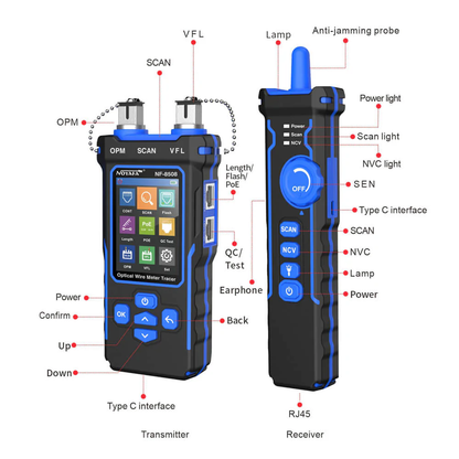 Noyafa NF-8508 Optical Wire Meter Tracer with Visual Fault Locator, Type-C Cable, RJ11/RJ45 Adaptor, Alligator Clip & Earphone