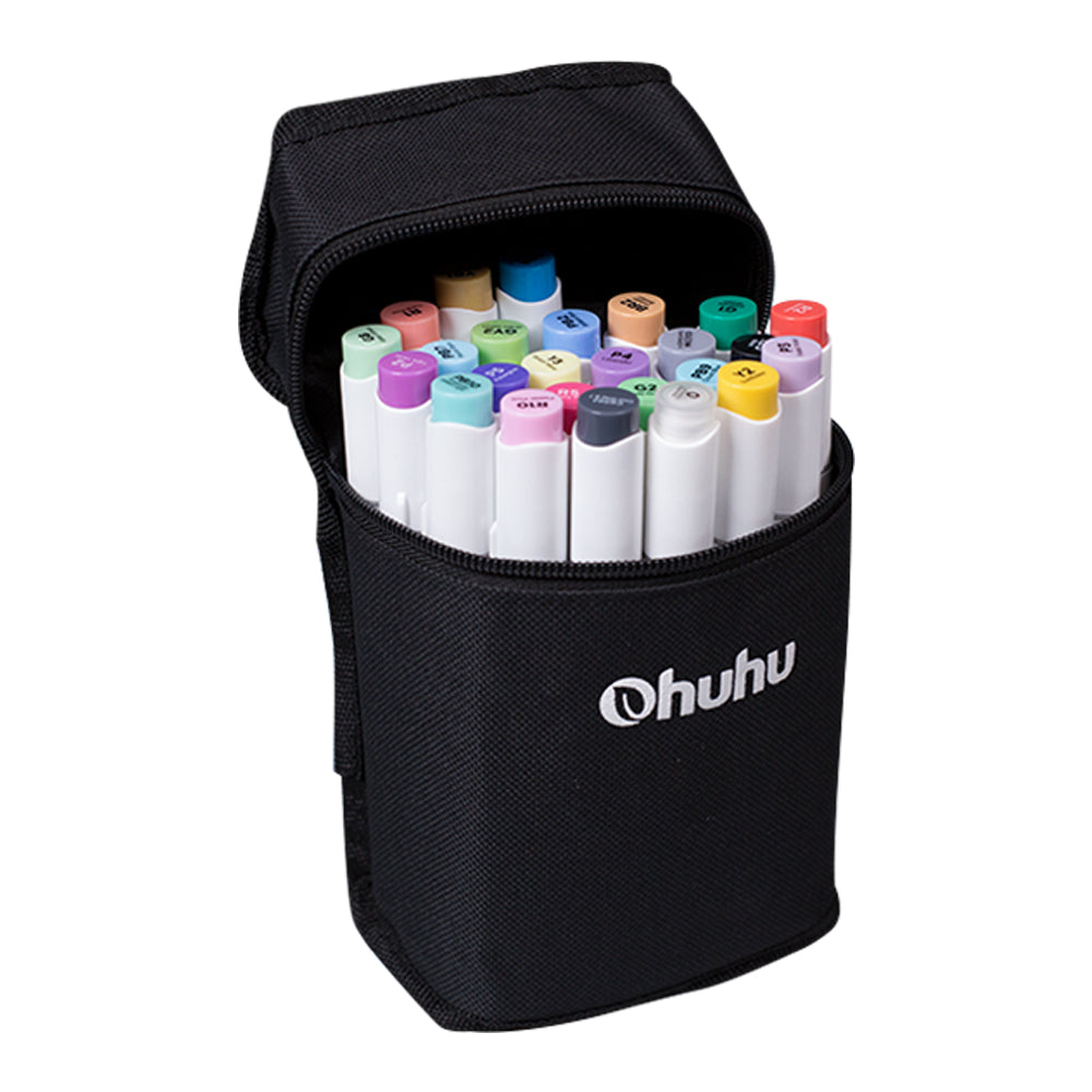 Ohuhu Honolulu Series Alcohol Based 24 Basic Colors plus Colorless Blender Dual Tipped Art Markers for Coloring and Sketching for Kids and Adults (Brush and Chisel) Y30-80401-93