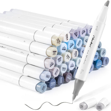 Ohuhu Honolulu Series Alcohol Based 36 Gray Tone Colors plus Colorless Blender Dual Tipped Brush Markers for Coloring and Illustration for Kids and Adults (Brush and Chisel) Y30-80401-97