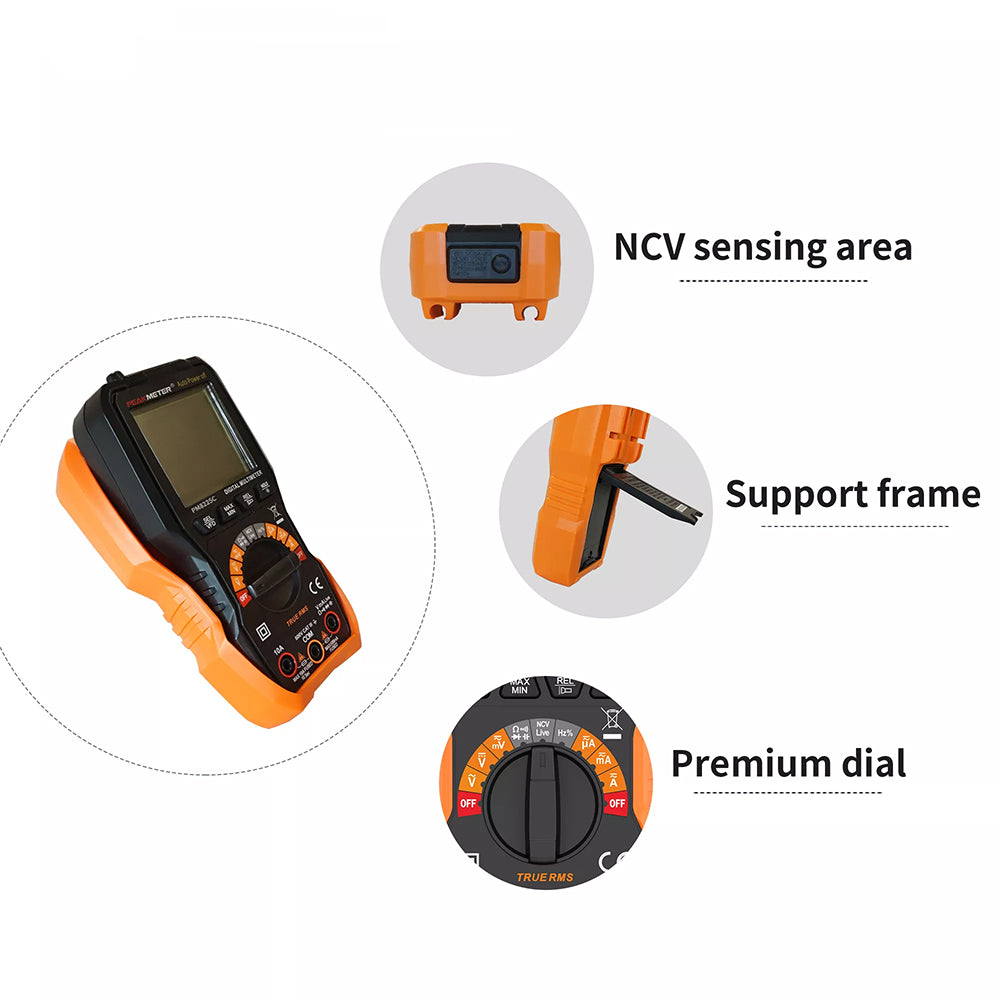 PeakMeter PM8225C Handheld Portable NCV and Live Line Digital Multimeter with HD Backlight, Large LCD Display, 6000 Counts, 600V AC/DC Current Measurement