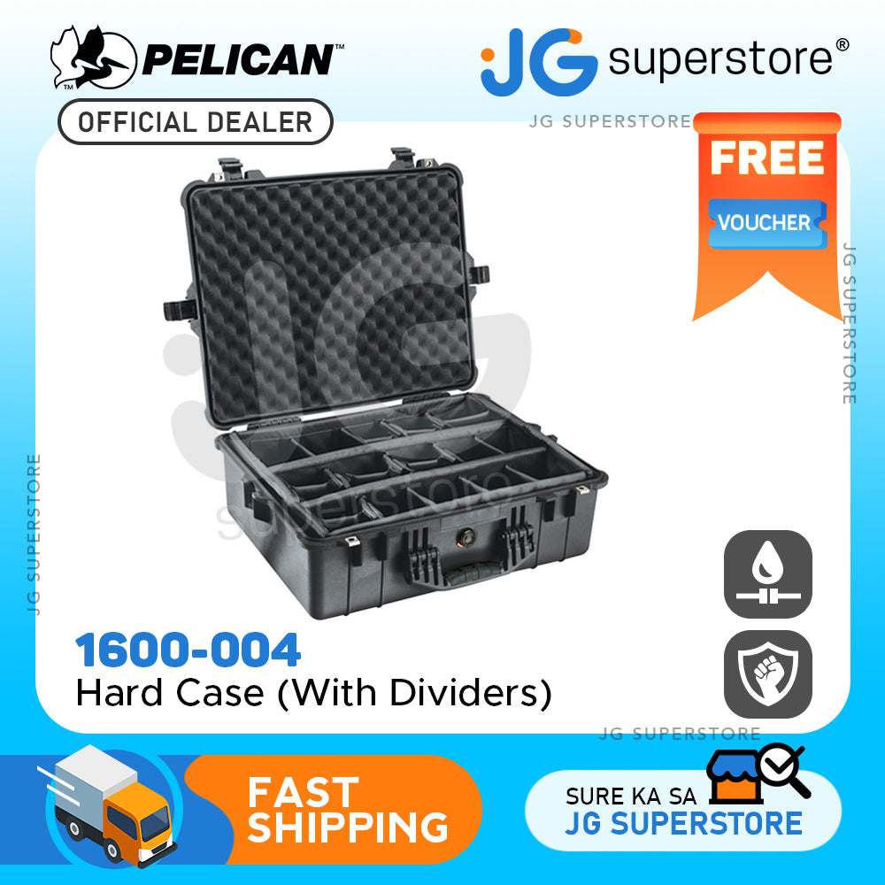 Pelican 1600 Protector Case Unbreakable Airtight Watertight Hard Casing with Rubber Over-Molded Handle, Automatic Pressure Equalization Valve, IP67 Rating (with Foam / Dividers) (Black)