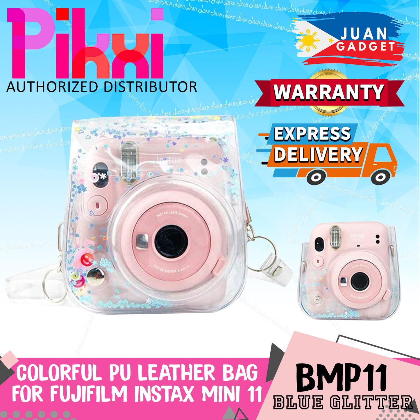 Pikxi BMP11 Fujifilm Instax Mini 11 PU Leather Camera Case Bag with Shoulder Strap Protective Case (Clear Designs)