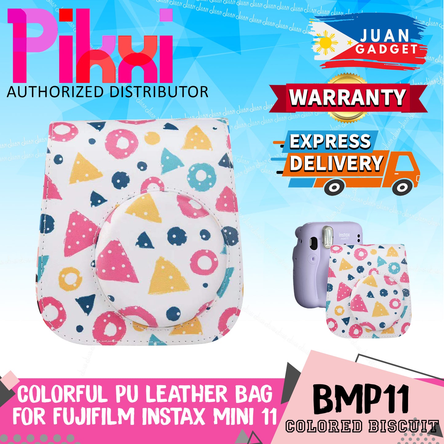 Pikxi BMP11 Fujifilm Instax Mini 11 PU Leather Camera Case Bag with Shoulder Strap (Fun & Playful Designs)
