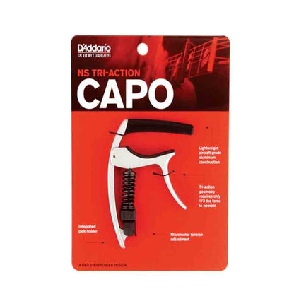 D'Addario Tri-Action Capo with Adjustable Tension and Integrated Pick Holder, Rubber Pad for Guitar - Black | PW-CP-09