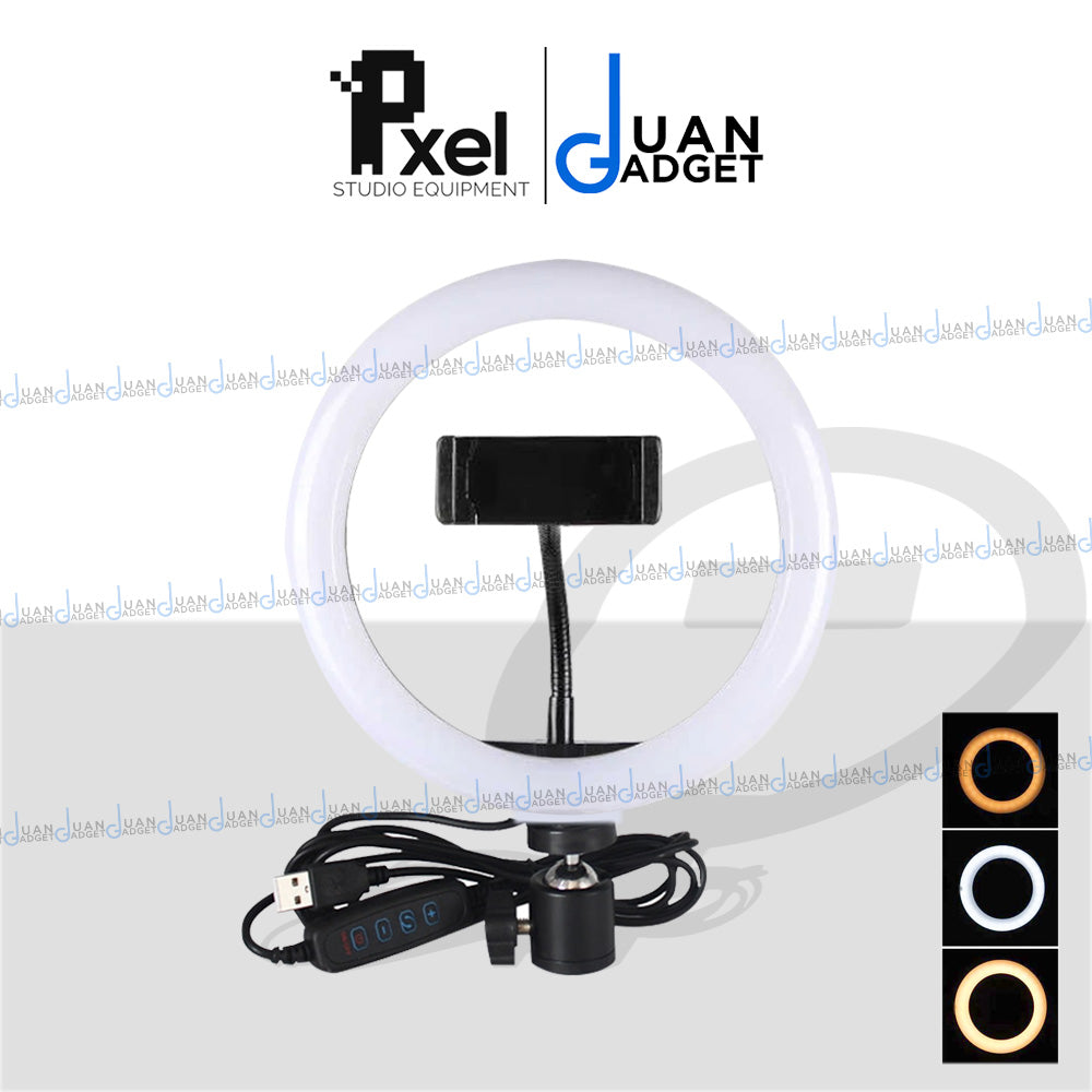 Pxel RK20 Bi-Color Ring Light 26cm 10-inches Base USB Interface for Youtube, Livestream, Podcast and Live Mobile with Phone Holder | Juan Gadget