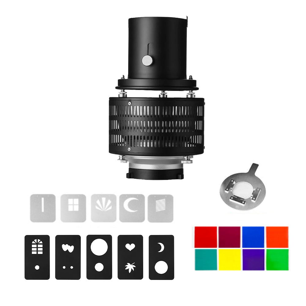 Pxel ST-OC2 Conical Snoot Optical Condenser with Replaceable Mount, Card Slot, Assorted Color Gel Filter, Modelling & Background Piece for Bowens Mount LED Video Light and Studio Flash