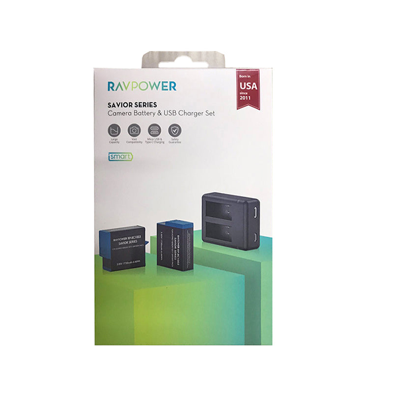 Ravpower Savior Series  2-Pack 1730mAh Li-Ion Camera Batteries and USB Battery Charger Set and with Type-C & MicroUSB Charging Ports for GoPro HERO 11 / HERO 10 / HERO 9 Action Cameras | RP-BC1003