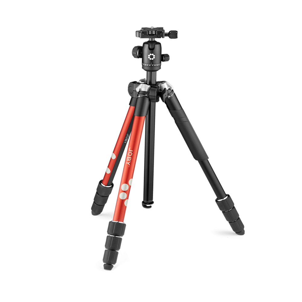 JOBY RangePod Smart Ball Head Type 4-Section Tripod with 1/4" Mounting Screw, 160cm Max Height, 8kg Load Capacity, Quick Release Function, Independent Pan/Tilt Lock and Phone Clamp (Black, Red)