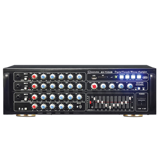 Sakura 450W Karaoke X 2 Stereo Amplifier with Bluetooth and 10 Band Graphic Equalizer, Volume Control, MP3, USB and SD Card Input, Digital Echo Delay & Repeat Control, 3 Microphone Input and Built In 4" Fan (AV-733UB)