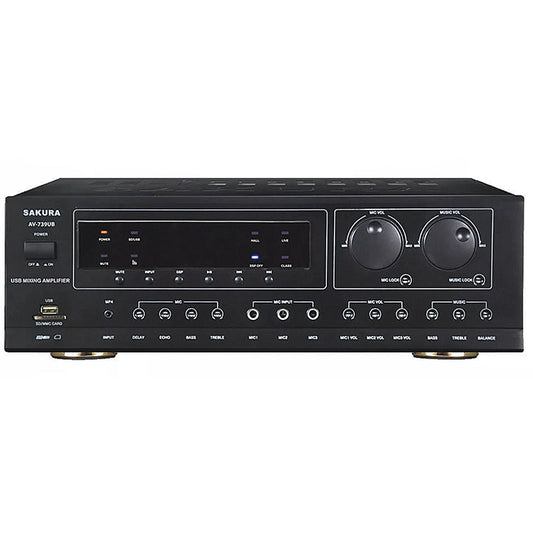 Sakura AV-739UB 750W / 1400W  Bluetooth Mixing X 2 Stereo Amplifier with Digital Echo Delay, FM Tuner, 3 Microphone Inputs, Built-in 4" Fan