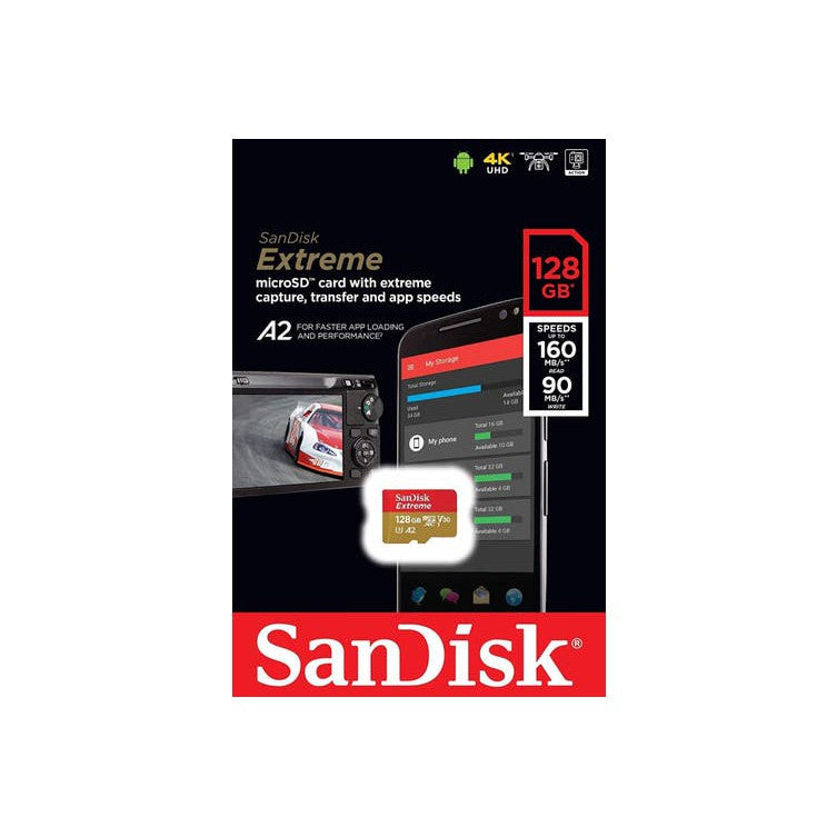 SanDisk 128GB Extreme microSDXC UHS-I Memory Card with Adapter - 160MB/s,  U3, V30, 4K UHD, A2, Micro SD Card - SDSQXA1-128G-GN6MN 