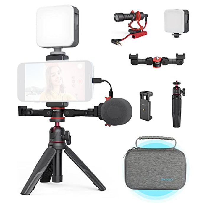 Simorr by SmallRig Vigor VK-50 Vlog Tripod Kit with Phone Clamp and Cold Shoe, Wave S1 Lite Microphone, Vibe P96 LED Light, Dual Cold Shoe Extension Bar, Ball Head with Adjustable Height (Black, White) | 3510, 3752