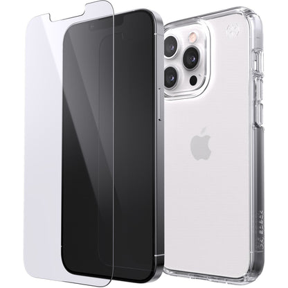 [CLEARANCE] Speck Presidio Perfect-Clear iP-13 Pro Max Transparent Phone Case and Shield View Tempered Glass Pack with Innovative Impact Technology, 9H Anti-Scratch Coating and Microban Protection
