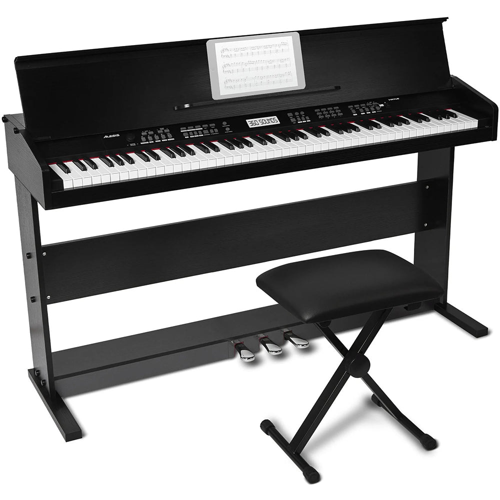 Alesis Virtue 88 Key Electronic Upright Piano with 360 Premium Voices USB MIDI 1/4-Inch AUX Output and Built-In Effects Pedals (Piano Bench included) (Black, White)