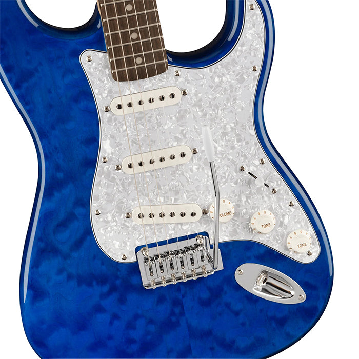 Squier by Fender FSR Affinity Stratocaster QMT 21 Fret 6 String Electric Guitar with SSS Ceramic Pickups, Die-Cast Tuners, and Gloss Polyurethane Finish (Sapphire Blue Transparent, Crimson Red Transparent, Black Burst)